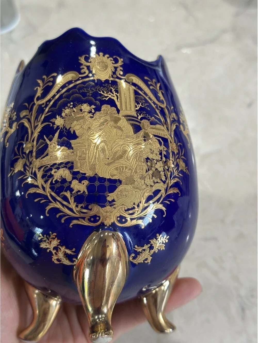 Vintage Limoges French Cobalt Blue Footed Egg Vase With 18k Or 22k Gold Accent